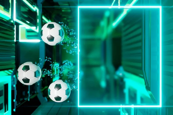 football 3d object in the abstract background, arena concept design, copy space, 3d illustration, glow neon light text frame, 3d rendering element, soccer game sport, sports equipment, realistic ball