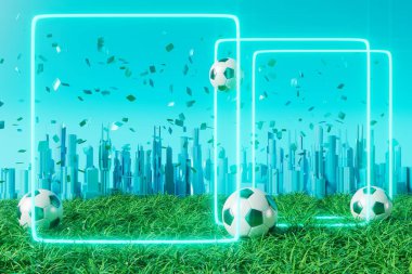 football 3d object in the abstract background, arena concept design, copy space, 3d illustration, glow neon light text frame, 3d rendering element, soccer game sport, sports equipment, realistic ball