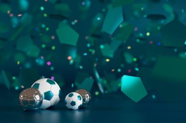 football 3d object in the abstract background, arena concept design, copy space, 3d illustration, glow neon light text frame, 3d rendering element, soccer game sport, sports equipment, realistic ball