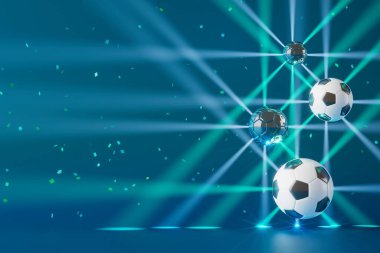 football 3d object in the abstract background, arena concept design, copy space, 3d illustration, glow neon light text frame, 3d rendering element, soccer game sport, sports equipment, realistic ball
