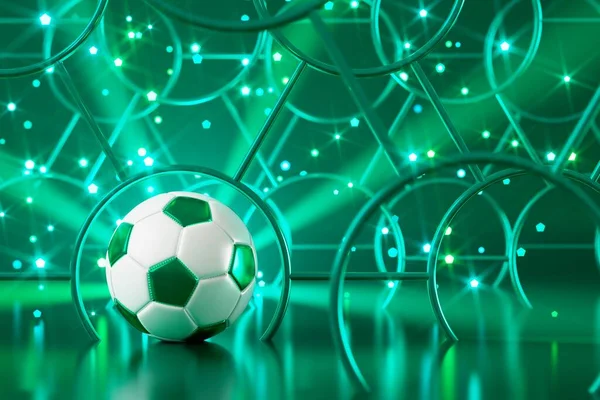 football 3d object in the abstract background, arena concept design, copy space, 3d illustration, glow neon light text frame, 3d rendering element, soccer game sport, sports equipment, realistic ball