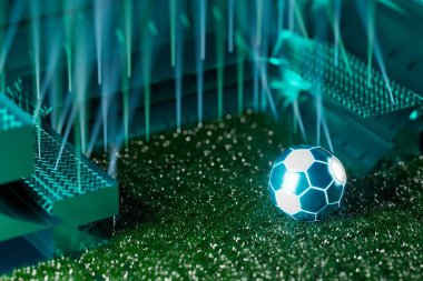football 3d object in the abstract background, arena concept design, copy space, 3d illustration, glow neon light text frame, 3d rendering element, soccer game sport, sports equipment, realistic ball