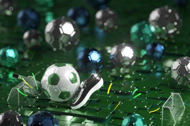 football 3d object in the abstract background, arena concept design, copy space, 3d illustration, glow neon light text frame, 3d rendering element, soccer game sport, sports equipment, realistic ball