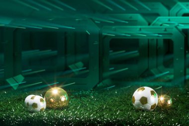 football 3d object in the abstract background, arena concept design, copy space, 3d illustration, glow neon light text frame, 3d rendering element, soccer game sport, sports equipment, realistic ball