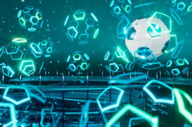 football 3d object in the abstract background, arena concept design, copy space, 3d illustration, glow neon light text frame, 3d rendering element, soccer game sport, sports equipment, realistic ball