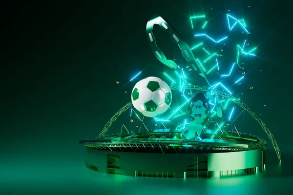 football 3d object in the abstract background, arena concept design, copy space, 3d illustration, glow neon light text frame, 3d rendering element, soccer game sport, sports equipment, realistic ball