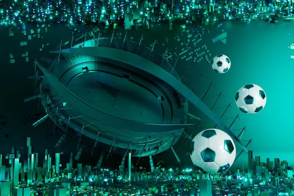 football 3d object in the abstract background, arena concept design, copy space, 3d illustration, glow neon light text frame, 3d rendering element, soccer game sport, sports equipment, realistic ball