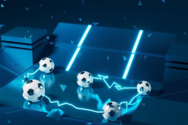 football 3d object in the abstract background, arena concept design, copy space, 3d illustration, glow neon light text frame, 3d rendering element, soccer game sport, sports equipment, realistic ball