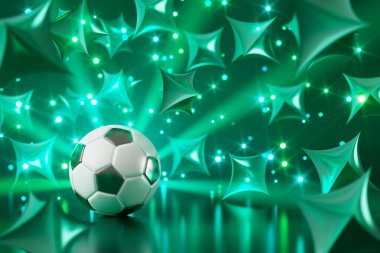 football 3d object in the abstract background, arena concept design, copy space, 3d illustration, glow neon light text frame, 3d rendering element, soccer game sport, sports equipment, realistic ball