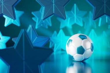 football 3d object in the abstract background, arena concept design, copy space, 3d illustration, glow neon light text frame, 3d rendering element, soccer game sport, sports equipment, realistic ball