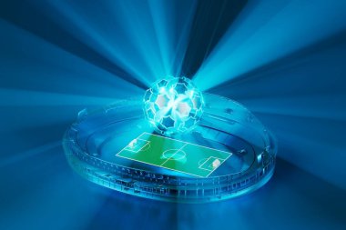 football 3d object in the abstract background, arena concept design, copy space, 3d illustration, glow neon light text frame, 3d rendering element, soccer game sport, sports equipment, realistic ball