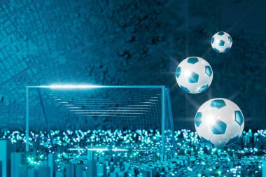football 3d object in the abstract background, arena concept design, copy space, 3d illustration, glow neon light text frame, 3d rendering element, soccer game sport, sports equipment, realistic ball