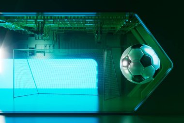 Futbol topu objesi. Çevrimiçi spor izliyor. 3 boyutlu illüstrasyon. Futbol topu arka plan tasarımı. Soyut 3D teknoloji stadyum hedef konsepti. Gerçekçi yorumlama. Kumarhane sporları yarışması.