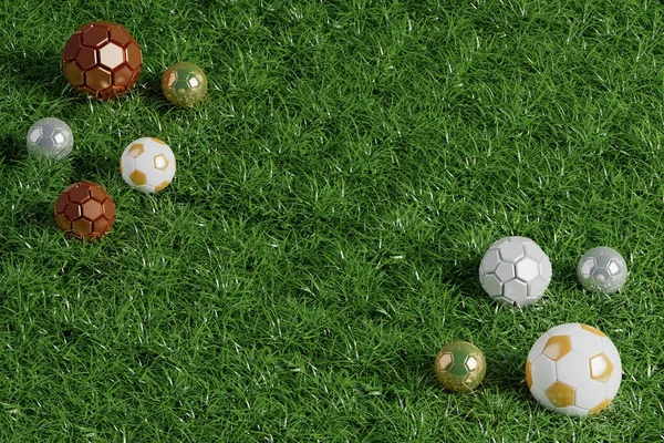 bola de futebol realista ou padrão básico de bola de futebol no campo de  grama verde. Estilo 3D e conceito de renderização para o jogo. use para  plano de fundo ou papel