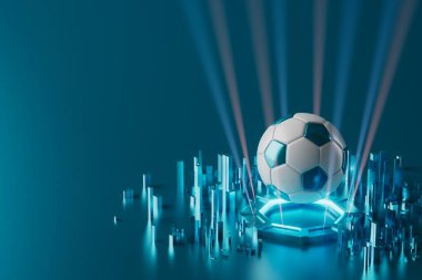 Futbol toplarının itirazı, spor topu tasarımı, futbol unsuru konsepti, 3D illüstrasyon, soyut futbol teknolojisi, 3D gerçekçi tasarım, yeşil çimen sahası, online spor, kumarhane sporu işi