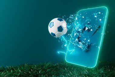 Futbol toplarının itirazı, spor topu tasarımı, futbol unsuru konsepti, 3D illüstrasyon, soyut futbol teknolojisi, 3D gerçekçi tasarım, yeşil çimen sahası, online spor, kumarhane sporu işi