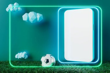 Futbol toplarının itirazı, spor topu tasarımı, futbol unsuru konsepti, 3D illüstrasyon, soyut futbol teknolojisi, 3D gerçekçi tasarım, yeşil çimen sahası, online spor, kumarhane sporu işi