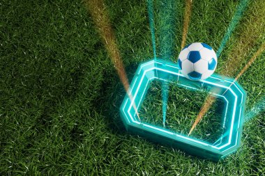 Futbol toplarının itirazı, spor topu tasarımı, futbol unsuru konsepti, 3D illüstrasyon, soyut futbol teknolojisi, 3D gerçekçi tasarım, yeşil çimen sahası, online spor, kumarhane sporu işi