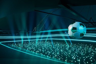 Futbol toplarının itirazı, spor topu tasarımı, futbol unsuru konsepti, 3D illüstrasyon, soyut futbol teknolojisi, 3D gerçekçi tasarım, yeşil çimen sahası, online spor, kumarhane sporu işi