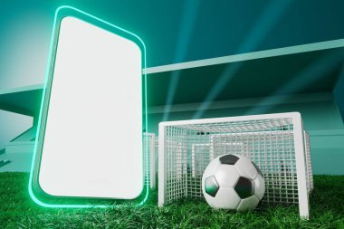 Futbol toplarının itirazı, spor topu tasarımı, futbol unsuru konsepti, 3D illüstrasyon, soyut futbol teknolojisi, 3D gerçekçi tasarım, yeşil çimen sahası, online spor, kumarhane sporu işi
