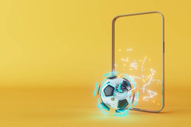 Futbol toplarının itirazı, spor topu tasarımı, futbol unsuru konsepti, 3D illüstrasyon, soyut futbol teknolojisi, 3D gerçekçi tasarım, yeşil çimen sahası, online spor, kumarhane sporu işi