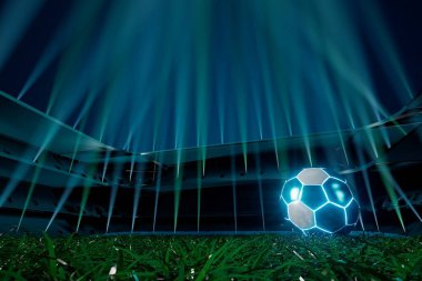 Futbol toplarının itirazı, spor topu tasarımı, futbol unsuru konsepti, 3D illüstrasyon, soyut futbol teknolojisi, 3D gerçekçi tasarım, yeşil çimen sahası, online spor, kumarhane sporu işi