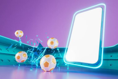 Futbol toplarının itirazı, spor topu tasarımı, futbol unsuru konsepti, 3D illüstrasyon, soyut futbol teknolojisi, 3D gerçekçi tasarım, yeşil çimen sahası, online spor, kumarhane sporu işi
