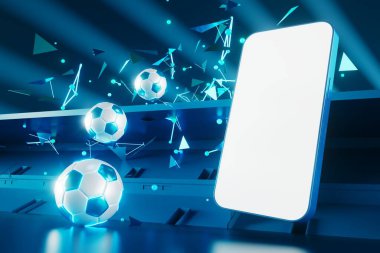Futbol topu nesnesi, spor topu tasarımı, futbol unsuru konsepti, 3D illüstrasyon, soyut futbol teknolojisi, akıllı telefon mobil ekran, yeşil çimen sahası, online spor, kumarhane spor dünyası