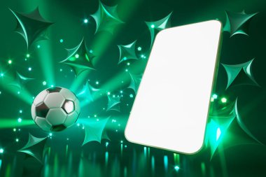 Futbol topu nesnesi, spor topu tasarımı, futbol unsuru konsepti, 3D illüstrasyon, soyut futbol teknolojisi, akıllı telefon mobil ekran, yeşil çimen sahası, online spor, kumarhane spor dünyası