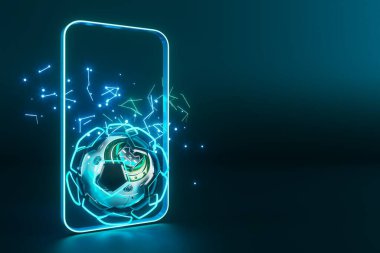 Futbol topu nesnesi, spor topu tasarımı, futbol unsuru konsepti, 3D illüstrasyon, soyut futbol teknolojisi, akıllı telefon mobil ekran, yeşil çimen sahası, online spor, kumarhane spor dünyası