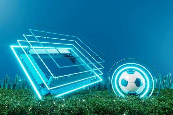 足球物体 运动球设计 足球元素概念 3D插图 抽象足球技术 智能手机移动屏幕 绿草场 在线体育直播 赌场体育业务 — 图库照片