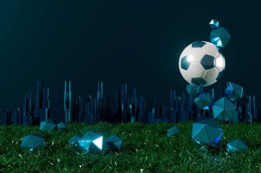 Futbol topu nesnesi, spor topu tasarımı, futbol unsuru konsepti, 3D illüstrasyon, soyut futbol teknolojisi, akıllı telefon mobil ekran, yeşil çimen sahası, online spor, kumarhane spor dünyası