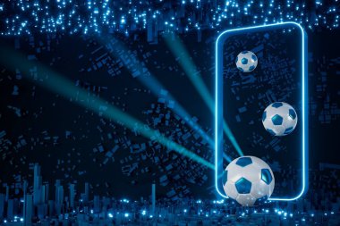 Futbol topu nesnesi, spor topu tasarımı, futbol unsuru konsepti, 3D illüstrasyon, soyut futbol teknolojisi, akıllı telefon mobil ekran, yeşil çimen sahası, online spor, kumarhane spor dünyası