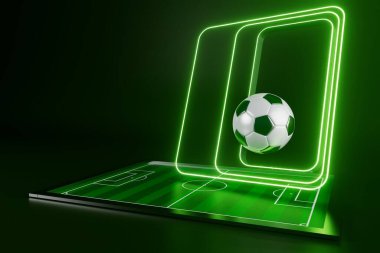 Futbol topu nesnesi, spor topu tasarımı, futbol unsuru konsepti, 3D illüstrasyon, soyut futbol teknolojisi, akıllı telefon mobil ekran, yeşil çimen sahası, online spor, kumarhane spor dünyası