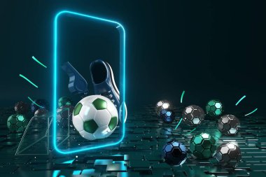 Futbol topu nesnesi, spor topu tasarımı, futbol unsuru konsepti, 3D illüstrasyon, soyut futbol teknolojisi, akıllı telefon mobil ekran, yeşil çimen sahası, online spor, kumarhane spor dünyası
