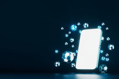 Futbol topu nesnesi, spor topu tasarımı, futbol unsuru konsepti, 3D illüstrasyon, soyut futbol teknolojisi, akıllı telefon mobil ekran, yeşil çimen sahası, online spor, kumarhane spor dünyası