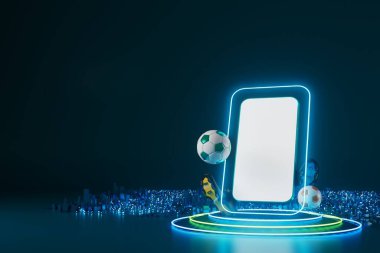 Futbol topu nesnesi, spor topu tasarımı, futbol unsuru konsepti, 3D illüstrasyon, soyut futbol teknolojisi, akıllı telefon mobil ekran, yeşil çimen sahası, online spor, kumarhane spor dünyası