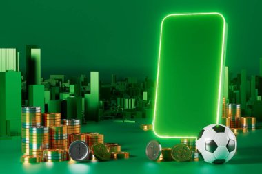 Futbol topu nesnesi, spor topu tasarımı, futbol unsuru konsepti, 3D illüstrasyon, soyut futbol teknolojisi, akıllı telefon mobil ekran, yeşil çimen sahası, online spor, kumarhane spor dünyası