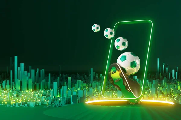 Futbol topu nesnesi, spor topu tasarımı, futbol unsuru konsepti, 3D illüstrasyon, soyut futbol teknolojisi, akıllı telefon mobil ekran, yeşil çimen sahası, online spor, kumarhane spor dünyası