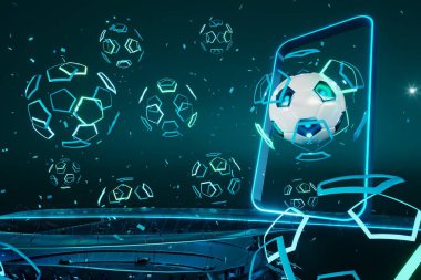 Futbol topu nesnesi, spor topu tasarımı, futbol unsuru konsepti, 3D illüstrasyon, soyut futbol teknolojisi, akıllı telefon mobil ekran, yeşil çimen sahası, online spor, kumarhane spor dünyası