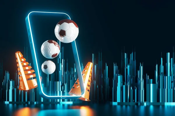 Futbol topu nesnesi, spor topu tasarımı, futbol unsuru konsepti, 3D illüstrasyon, soyut futbol teknolojisi, akıllı telefon mobil ekran, yeşil çimen sahası, online spor, kumarhane spor dünyası
