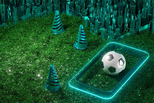 football balls object, sport ball design, football element concept, 3d illustration, abstract football technology, smartphone mobile screen, green grass field, online sport live, casino sport business