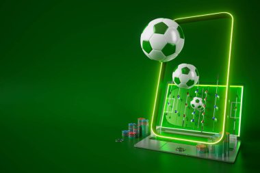 Futbol topu nesnesi, spor topu tasarımı, futbol unsuru konsepti, 3D illüstrasyon, soyut futbol teknolojisi, akıllı telefon mobil ekran, yeşil çimen sahası, online spor, kumarhane spor dünyası