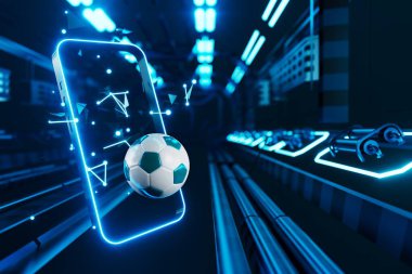 Futbol topu nesnesi, spor topu tasarımı, futbol unsuru konsepti, 3D illüstrasyon, soyut futbol teknolojisi, akıllı telefon mobil ekran, yeşil çimen sahası, online spor, kumarhane spor dünyası