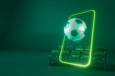Futbol topu nesnesi, spor topu tasarımı, futbol unsuru konsepti, 3D illüstrasyon, soyut futbol teknolojisi, akıllı telefon mobil ekran, yeşil çimen sahası, online spor, kumarhane spor dünyası