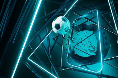 Futbol topu nesnesi, spor topu tasarımı, futbol unsuru konsepti, 3D illüstrasyon, soyut futbol teknolojisi, akıllı telefon mobil ekran, yeşil çimen sahası, online spor, kumarhane spor dünyası