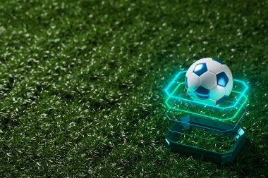 Futbol topu nesnesi, spor topu tasarımı, futbol unsuru konsepti, 3D illüstrasyon, soyut futbol teknolojisi, akıllı telefon mobil ekran, yeşil çimen sahası, online spor, kumarhane spor dünyası