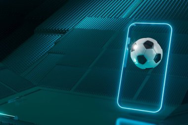 Futbol topu nesnesi, spor topu tasarımı, futbol unsuru konsepti, 3D illüstrasyon, soyut futbol teknolojisi, akıllı telefon mobil ekran, yeşil çimen sahası, online spor, kumarhane spor dünyası