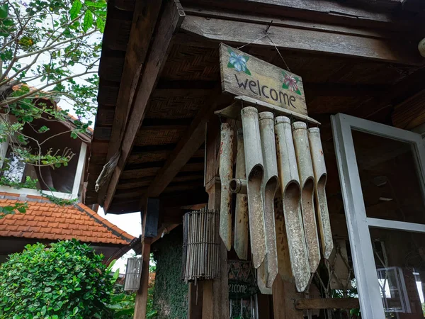 Angklung Gantung Hagyományos Indonéz Bambusz Szélcsengő Villa Elején Akassza Művészeti — Stock Fotó