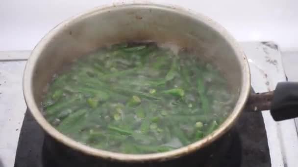 Process Boiling Long Beans Pot Water — Stockvideo